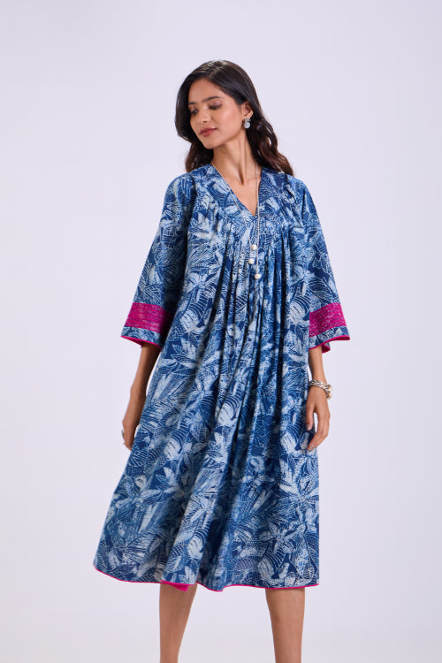 Rangsutra Chaaya Indigo Block Printed Dress With Flared Sleeves