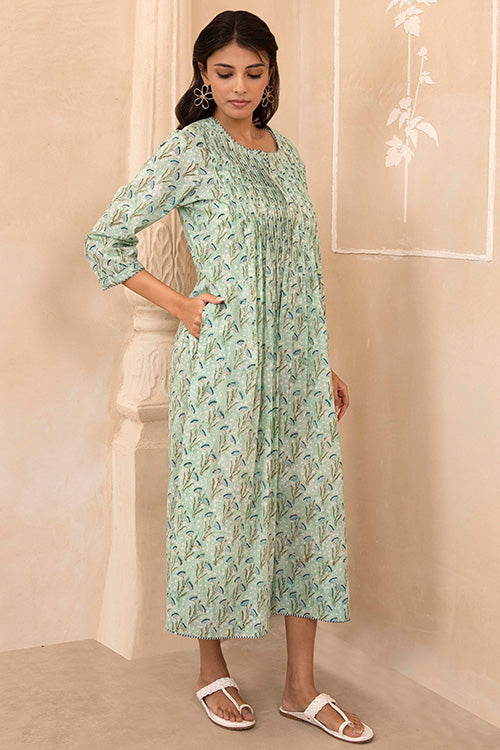Shuddhi Mint Green Handblock Pleated Dress  Okhaistore