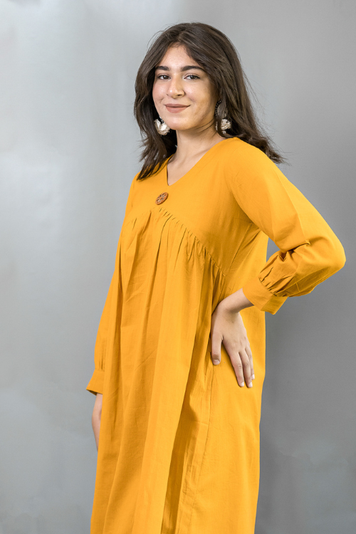 Moralfibre Golden Yellow Dress With Hand Embroidered, Mirrored Broach & Folded Sleeve Pattern