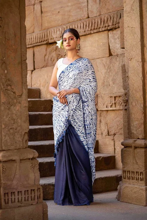 Craftroots Blue Shibori Modal Saree With Handmade Tassels
