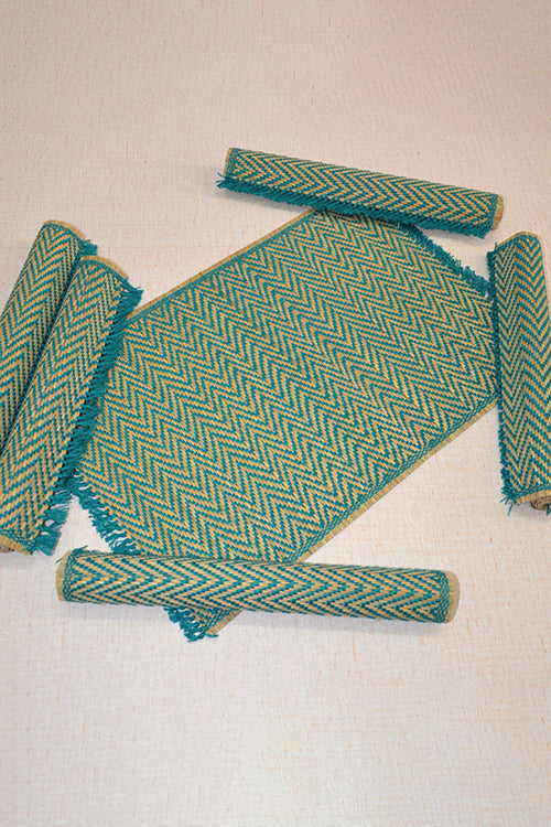 Dharini Madurkathi Chevron Tassels Placemats Teal (Set Of 6)