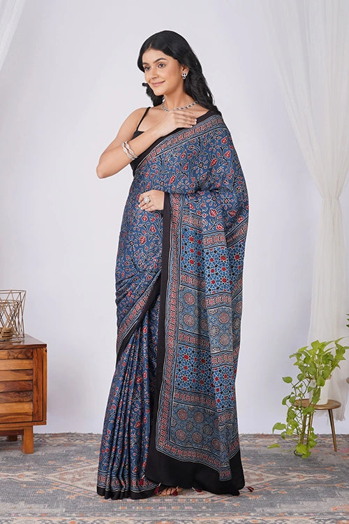 TENAARO Jaal Indigo Ajrakh Hand Block Printed Modal Silk Saree