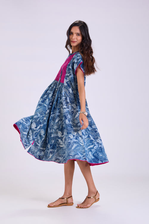 Rangsutra Chaaya Indigo Block Printed Dress With Cap Sleeves