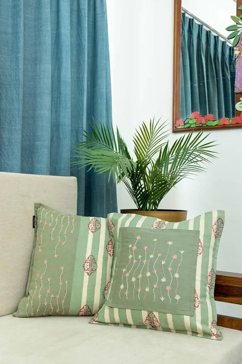 Craftroots Peach & Mint Green Daisy Hand Block Print Cushion Cover Set Of 2