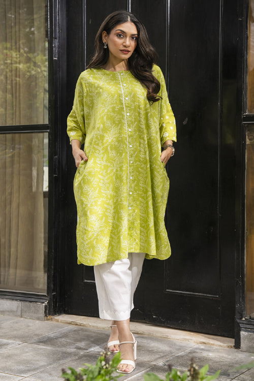 Rangsutra Suhani Lime Boxy-Fit Cotton Dress With Chikankari Hand Embroidery