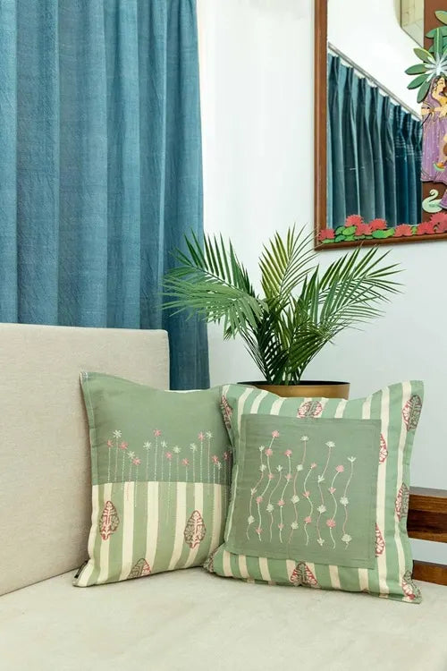 Craftroots Peach & Mint Daisy Hand Block And Aari Work Cushion Cover Set Of 2