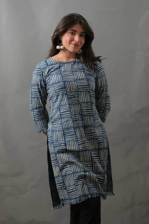 Moralfibre Natural Indigo Cane Printed Cotton Kurti For Women Online