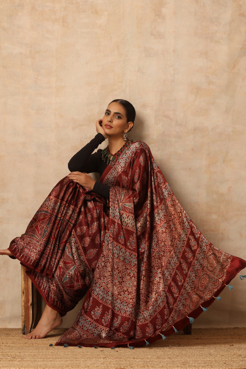 Tenaaro Ajrakh Hand Block Printed Modal SatinSaree