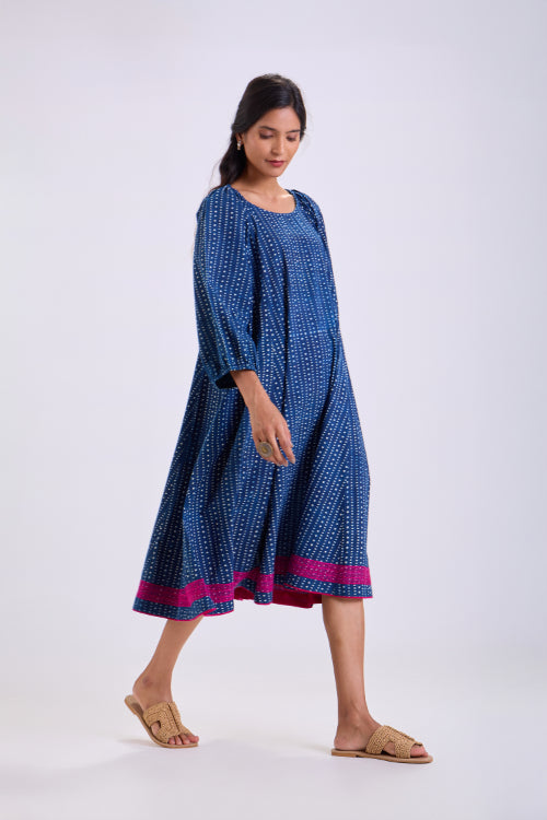 Rangsutra Chaaya Indigo Block Printed Dress With Raglan Sleeves