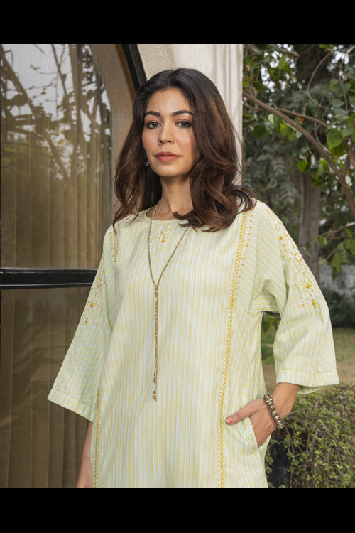 Rangsutra Suhani Mint A-Line Cotton Kurta With Soof Hand Embroidery