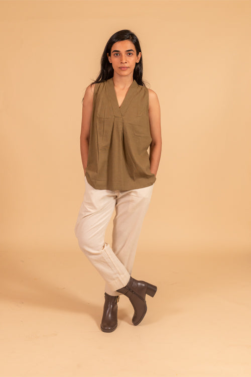 Moralfibre Over Lapping V Neck Incut Sleeve Top From "Shapes Collection " - Khakhi