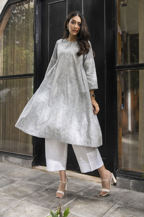 Rangsutra Suhani Grey Flared Cotton Kurta Cum Dress With Chikankari Hand Embroidery