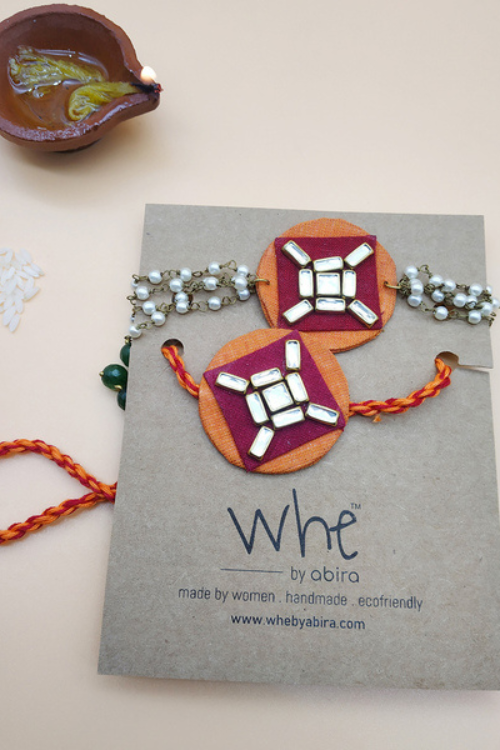 WHE Handmade Kundan Fabric Bhaiya Bhabhi Rakhi Combo