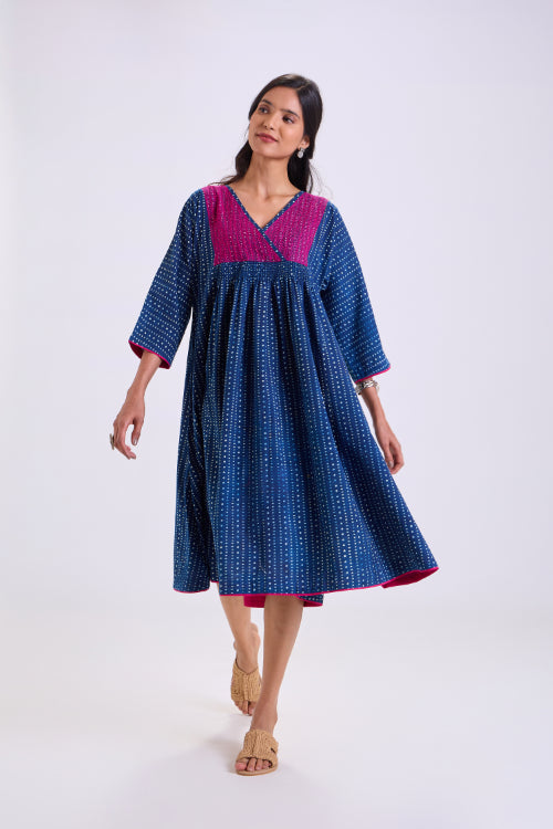 Rangsutra Chaaya Indigo Block Printed Dress With Kimono Sleeves