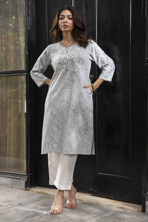 Rangsutra Suhani Grey A-line Cotton Kurta With Chikankari Hand Embroidery