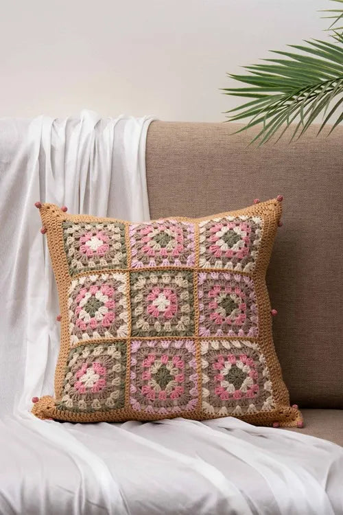 Craftroots Handcrafted Floral Applique Crochet Cushion Cover Cotton
