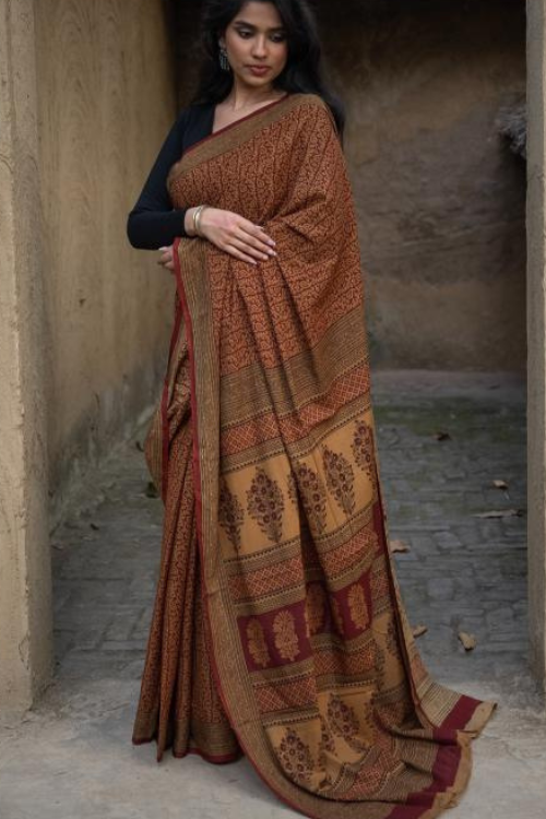 TICH Exclusive Bagh Hand Block Printed Cotton Saree - Intricate Paisleys