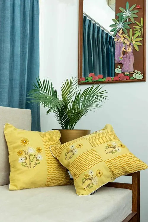 Craftroots Pastel Yellow Aari Floral Embroidered Cushion Cover Set Of 2