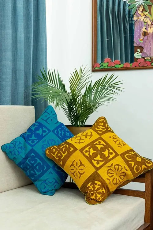 Craftroots Mustard & Blue Applique Patchwork Cushion Cover Set Of 2