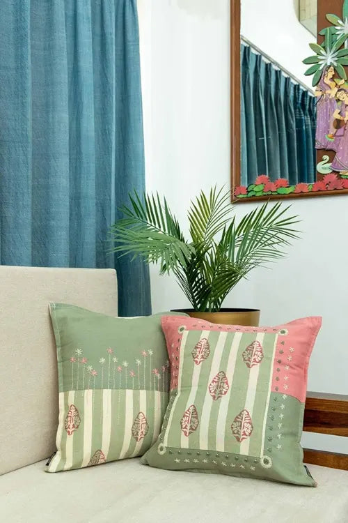 Craftroots Peach & Mint Daisy Hand-Embroidered Cushion Cover Set Of 2