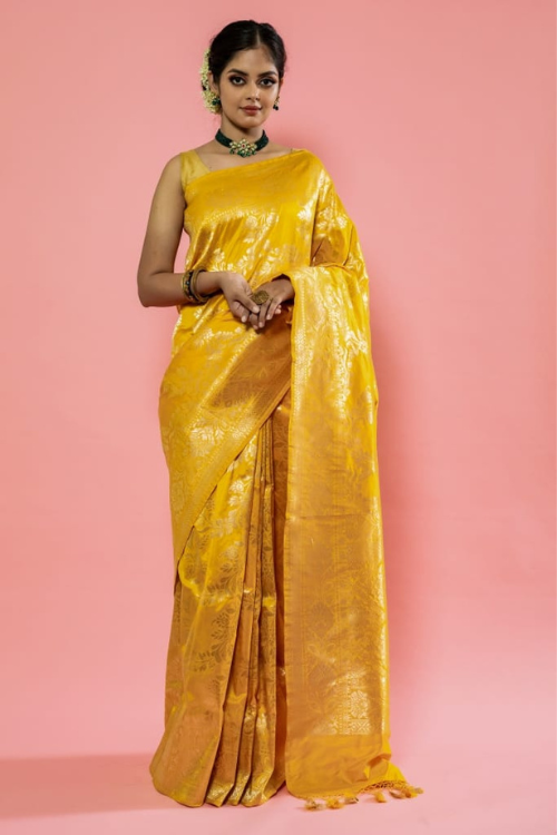 "VWAS" Yellow Handloom Banarasi Pure Katan Silk Cutwork Jaal  Saree