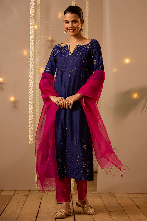 Daystar Embroidered Blue Kurti Pant Set With Dupatta Online