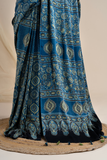 Jahangir Khatri-Traditional Ajrakh Hand Block Printed & Natural Dyed Modal Indigo Blue Saree With Tassels