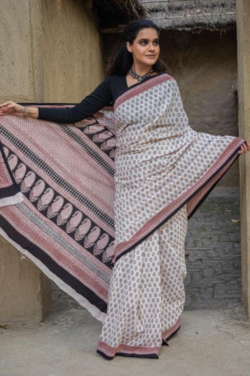 Exclusive Bagh Hand Block Printed Modal Satin Saree - Beige Florets