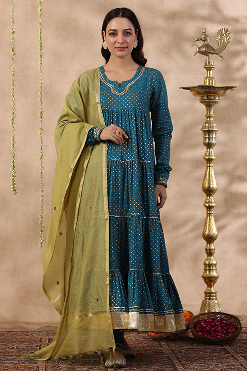 Shuddhi Teal Green Tier Kurta With Chuddidar And Duppatta