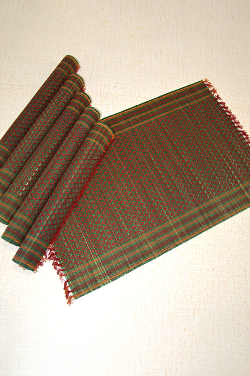Dharini Madurkathi Tassels Placemats & Runner Set Green Maroon (Set Of 7)