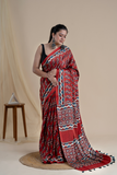 Jahangir Khatri-Traditional Ajrakh Hand Block Printed & Natural Dyed Modal Red Saree With Tassels
