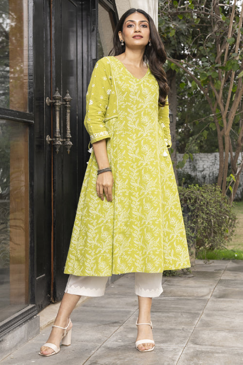Rangsutra Suhani Lime Kalidar Cotton Kurta With Chikankari Hand Embroidery