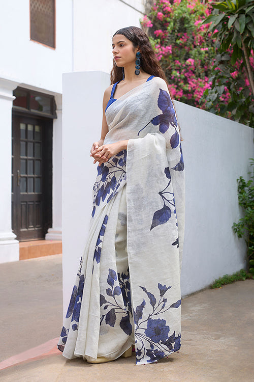 Dressfolk Floral Blues Linen Saree