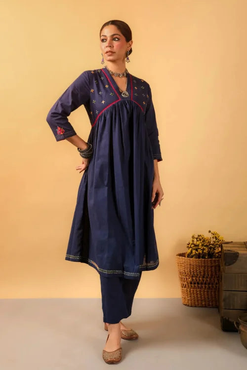 Rangsutra Kaanch Blue V-Neck Cotton Kurta With Pacca Hand Embroidery