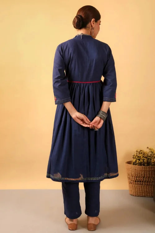 Rangsutra Kaanch Blue V-Neck Cotton Kurta With Pacca Hand Embroidery
