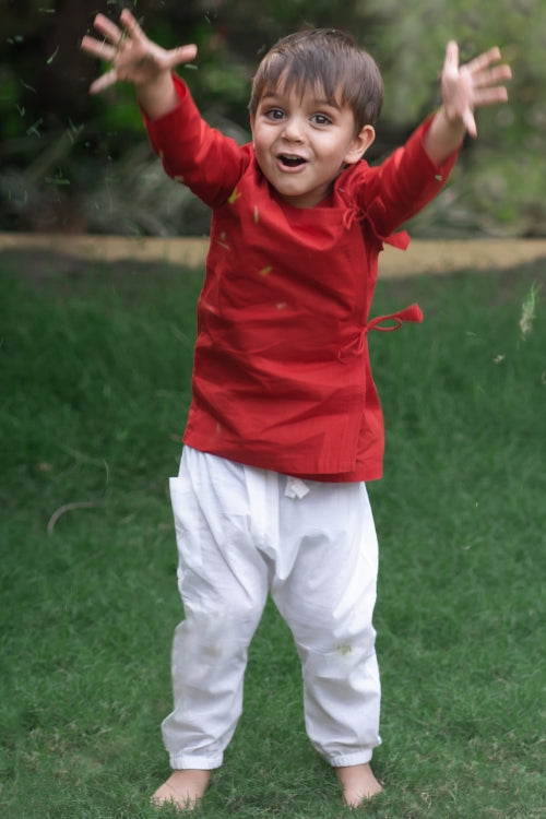 Whitewater Kids Unisex Organic Red Angrakha Top With White Pants