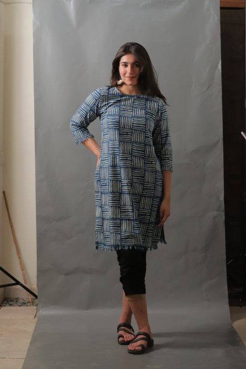 Moralfibre Natural Indigo Cane Printed Cotton Kurti For Women Online