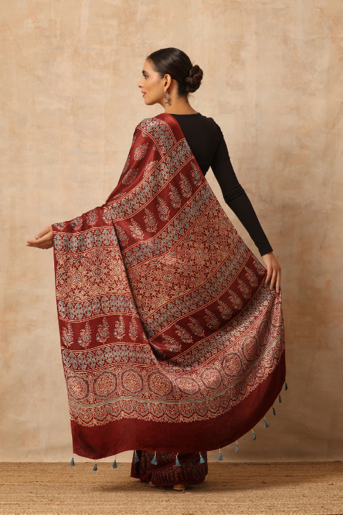 Riyaz Khatri Traditional Ajrakh Hand Block Printed And Natural Dye Modal Saree With Beautiful Tassels - Brown