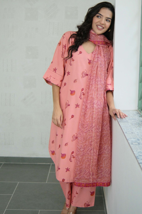 Dharan Hand Block Print "Peach Aura Suit Set"