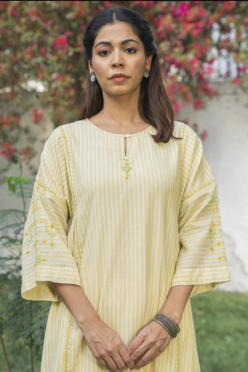 Rangsutra Suhani Cream Striped Cotton Kurta Cum Dress With Soof Hand Embroidery