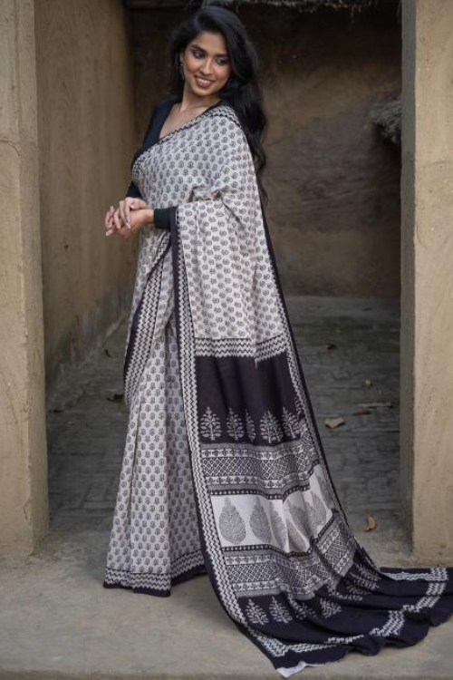Exclusive Bagh Hand Block Printed Cotton Saree - Floral Geometry