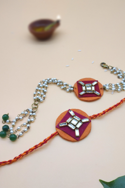 WHE Handmade Kundan Fabric Bhaiya Bhabhi Rakhi Combo