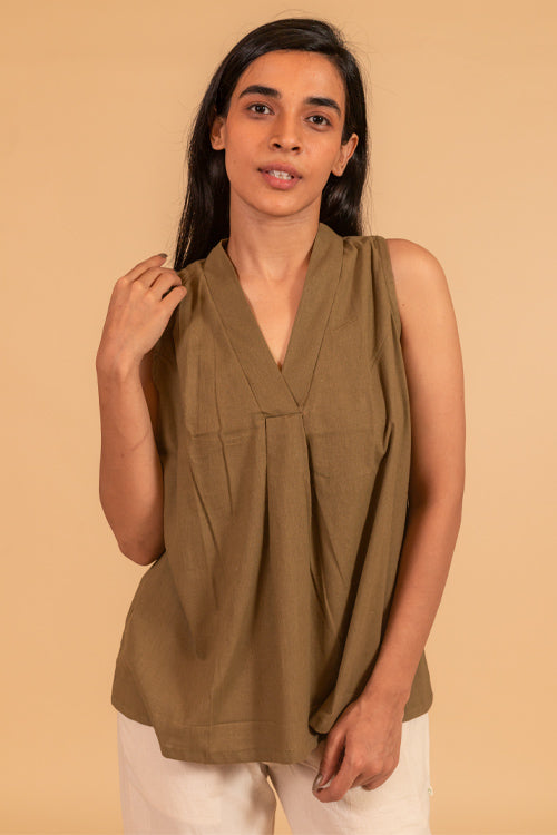 Moralfibre Over Lapping V Neck Incut Sleeve Top From "Shapes Collection " - Khakhi