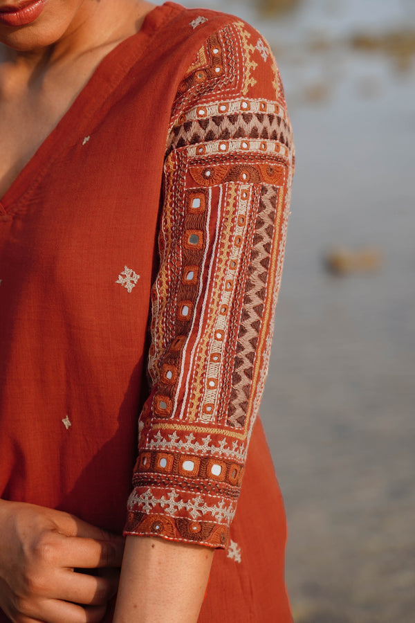 Okhai "Naarang" Hand-Embroidered and Mirror work Pure Cotton V-Neckline Kurta