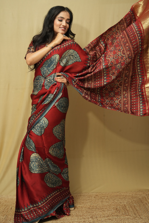 Red Ajrakh Print Tissue Pallu Modal Saree | Jabbar Khatri