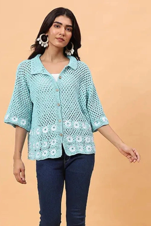 Ajoobaa "Daisy" Crochet Shirt - Sky Blue