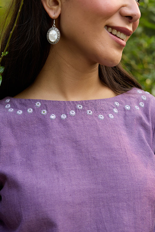Okhai 'Oorja' Hand-Embroidery and Mirrorwork Pure Cotton Purple Top