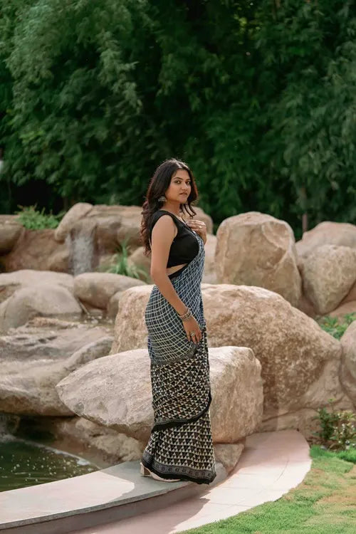 Craftroots Contemporary Ajrakh Modal Saree With Crafted Tassels