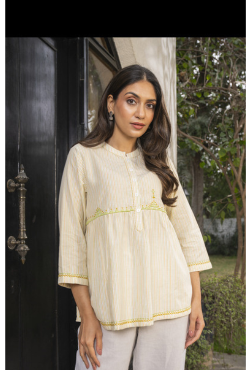 Rangsutra Suhani Cream Collared Cotton Top With Soof Hand Embroidery