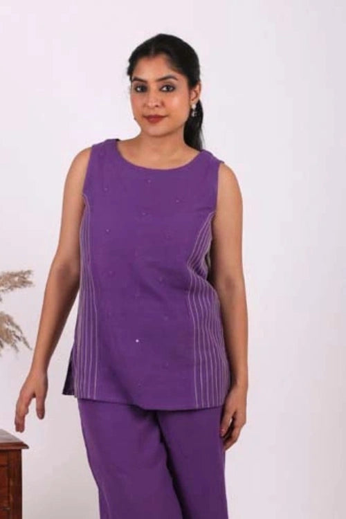 Urmul Desert Crafts-"PURPLE PANORAMA" Handloom Ruffle Top